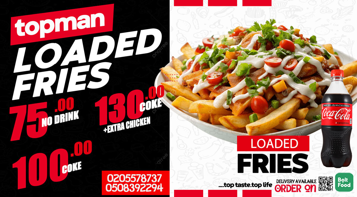 Mega Loaded Fries — Top-Man Restaurant menu flyer